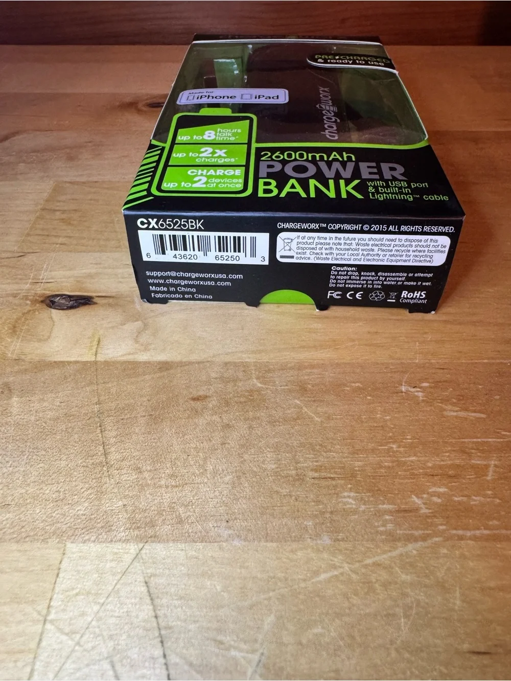 Chargeworx 2600mAh Black Power Bank with Built-In Lightning Cable